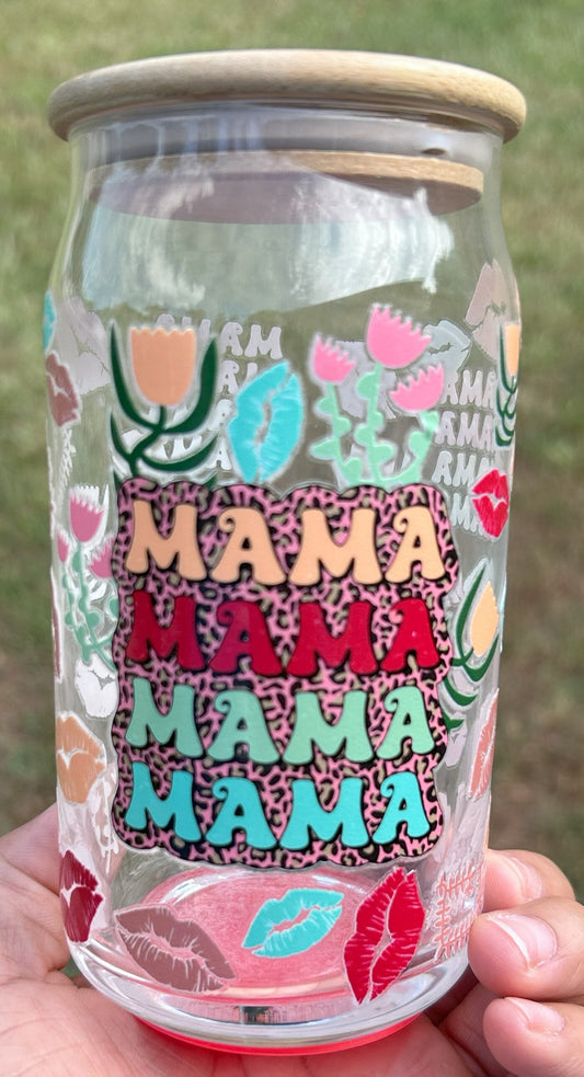 Mama Floral and Leopard 16oz Glass Can