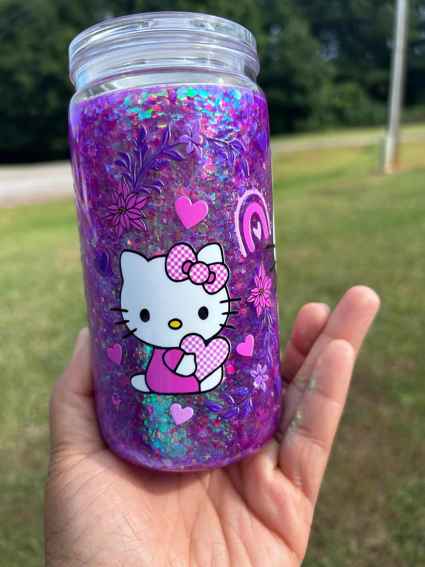 Purple Hello Kitty Glitter Snow Globe Tumbler